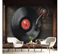 Music Retro Style Wallpaper 250 x 175 cm, Non-Woven Record Player Vinyl Record Photo Wall Mural for Bedrooms, Black Wall Murals Art Decor for Living Room Children's Room Office Decoration