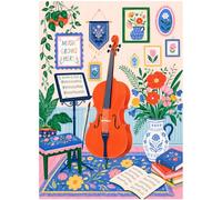 Music Room 500 Piece Jigsaw Puzzle for Adults, Colorful Cello and Flower Studio Scene with Sheet Music, Botanical Frames, Blue Rug, Houseplants, and Folk Art Details, 20.5 x 15 Inch Finished Size