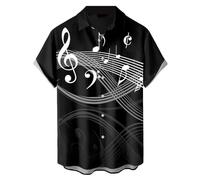 Music Shirts for Men Hawaiian Bowling Vintage Print Short Sleeve Casual Button Down Beach Big Tall Shirt, Music Black, Medium