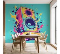 Music Sound Graffiti Boomboxes Large Mural Self Adhesive Wallpaper 256x350 cm, Retro Pop Art Wallpaper, Colorful Radio Wall Stickers Vinyl for Living Room, Kitchen Wall Art