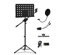 Music Stand for Sheet Music with Mic Pole, All-In-One Folding Sheet Music Stand with Pop Filter & Phone Holder, Portable Music Book Stand with Light & Clips for Violin Guitar Ukulele Violin Players