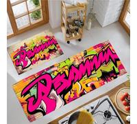 Music Street Art Kitchen Rugs Sets Non Slip Washable Kitchen Mats Anti Fatigue Comfort Graffiti Style Floor Mats for Laundry, Hallways, Sink 43x75cm+43x150cm Pink