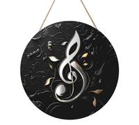 Music Symbol Round Wood Panel Painting 12 Inch Hanging Plaque Rustic Farmhouse Wall Art Home Decor with Rope