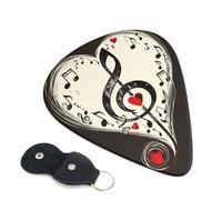 Music Symbols Love Printed Guitar Picks, 6 Pack with Leather Keychain Pick Holder - 0.46mm, 0.71mm, 0.96mm Assorted Thickness for Acoustic Ukulele, Electric Guitar, Acoustic Guitar, Bass