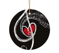 Music Symbols Love Printed Round Xmas Ornaments 9cm, Christmas Ceramic Pendant Hanging for Xmas Tree Home Indoor Outdoor Decor 1 Pcs