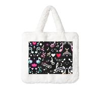Music Symbols Lovely Printing Fluffy Shoulder Bag Ladies Plush Underarm Bag Tote Bag Furry Purse Handbag For Work Travel, White, One Size