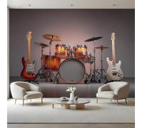Music Theme Kids Room Canvas Peel and Stick Wall Mural Gray Orange Retro Large Removable Self-Adhesive Wallpaper Decor for Nursery Boy Girl Bedroom 300x210 cm