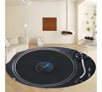 Music Theme Rock Dj Vinyl Round Area Rug Diameter 100 cm, Machine Washable Soft Non-Slip Black Carpet - Short Pile Stain Resistant Print Rug for Living Room Bedroom Dining Room Home Decor