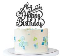 Music Themed Happy Birthday Cake Topper - Guitar Piano Cake Supplies - Musician's Birthday - Baby Shower Kid Bday Party Decorations - Black Glitter