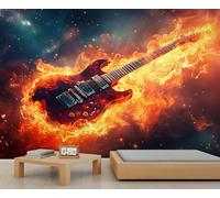Music Wall Mural, Flame Guitar Mural, Rock Style Wallpaper for Living Room Bedroom, Guitar Wall Murals - 100x70cm (Not Peel n' Stick)