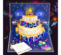 Musical 3D Pop Up Birthday Card with Lights and Interactive Blow Out Candle - Plays "Happy Birthday" Song with Applause Cheers - Three Tier Cake Design with Fireworks - Includes Envelope & Note Card