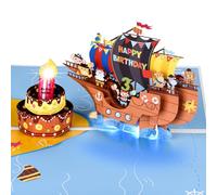 Musical Birthday Card for 3 Years Old Kids, 3D Boat & Cake Pop-up 3rd Birthday Card with Music & Light & Blowable Candle for 3 Year-old Boys Girls Grandson Son Nephew Kids Children