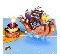 Musical Birthday Card for 4 Years Old Kids, 3D Boat & Cake Pop-up 4th Birthday Card with Music & Light & Blowable Candle for 4 Year-old Boys Girls Grandson Son Nephew Kids Children