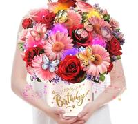Musical Birthday Cards, 3D Pop-up Daisy & Rose Paper Floral Bouquet Birthday Card with Lights, Happy Birthday Card Gift for Girls, Women, Wife, Mum, Grandma, Sister, Girlfriend