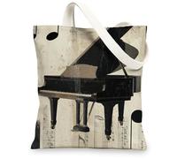 Musical Canvas Tote Bags, Elegant Piano Pattern Reusable Shopping Bags, Vintage Art Lightweight Washable Shoulder Strap Can, Black, 13x15 Inch