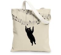 Musical Cat Canvas Tote Bags, Fun Cat Design Reusable Grocery Bags, Lightweight Washable Shoulder Strap Canvas Bags for Gym Outdoor Travel Beach Picnic 13x15 Inch