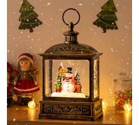 Musical Christmas Snow Globe Lantern with 6H Timer, Snowman & Gift Village Scene, Lighted Water Glitter Globe, Antique Bronze Holiday Indoor Decor