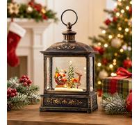 Musical Christmas Snow Globe with Santa & Sleigh, Lighted Water Glitter Lantern with 6H Timer, USB/Battery Operated Antique Bronze Holiday Tabletop Decor for Home