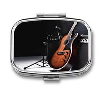 Musical Instrument Guitar Pill Box 2 Compartments Portable Travel Pill Case Mini Medicine Organizer for Pocket Purse Metal Waterproof Medicine Container Holder Vitamin Fish Oil