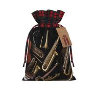 Musical Instruments Christmas Drawstring Linen Gift Bag Paired With Scottish Plaid Fabric, With A Delicate And Simple Texture