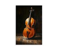 Musical Instruments Oil Painting- Cello And Bow Arranged Dramatically on A Dark Wooden Floor, Chiaroscuro Lighting Highlighting The Curves Fashionable Wall Decor - Hanging Art Poster And Mural08x12inc