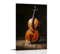 Musical Instruments Oil Painting- Cello And Bow Arranged Dramatically on A Dark Wooden Floor, Chiaroscuro Lighting Highlighting The Curves Fashionable Wall Decor - Hanging Art Poster And Mural24x36inc