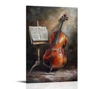 Musical Instruments Oil Painting- Cello And Bow Resting Against A Music Stand, Soft Background Blending with The Instruments Elegant Contours Fashionable Wall Decor - Hanging Art Poster And Mural08x12