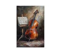 Musical Instruments Oil Painting- Cello And Bow Resting Against A Music Stand, Soft Background Blending with The Instruments Elegant Contours Fashionable Wall Decor - Hanging Art Poster And Mural24x36