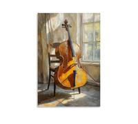 Musical Instruments Oil Painting- Cello Leaning Against A Chair in A Sunlit Studio, Bow Casually Draped Across The Strings Fashionable Wall Decor - Hanging Art Poster And Mural20x30inch(50x75cm)