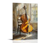 Musical Instruments Oil Painting- Cello Leaning Against A Chair in A Sunlit Studio, Bow Casually Draped Across The Strings Fashionable Wall Decor - Hanging Art Poster And Mural16x24inch(40x60cm)