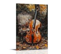 Musical Instruments Oil Painting- Cello Leaning Against An Ornate Chair in An Autumn Garden, Fallen Leaves Clinging to Its Polished Body Contemporary Hanging Wall Art - Decorative Mural Design08x12inc