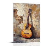 Musical Instruments Oil Painting- Classical Guitar Leaning Against A Weathered Stone Wall with Warm Mediterranean Colors And Textured Palette Knife Work Decorative Modern Mural - Wall Art Hanging Post