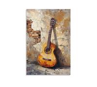 Musical Instruments Oil Painting- Classical Guitar Leaning Against A Weathered Stone Wall with Warm Mediterranean Colors And Textured Palette Knife Work Decorative Modern Mural - Wall Art Hanging Post