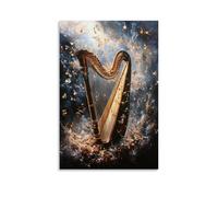 Musical Instruments Oil Painting- Classical Harp Surrounded by Floating Musical Notes in A Dreamy, Surreal Composition with Ethereal Lighting Fashionable Wall Decor - Hanging Art Poster And Mural20x30