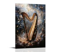 Musical Instruments Oil Painting- Classical Harp Surrounded by Floating Musical Notes in A Dreamy, Surreal Composition with Ethereal Lighting Fashionable Wall Decor - Hanging Art Poster And Mural08x12