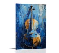 Musical Instruments Oil Painting - Moody Cello in Blue Twilight, Strings Glistening with Impasto Brushstrokes of Moonlight Contemporary Hanging Wall Art - Decorative Mural Design20x30inch(50x75cm)