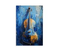 Musical Instruments Oil Painting - Moody Cello in Blue Twilight, Strings Glistening with Impasto Brushstrokes of Moonlight Contemporary Hanging Wall Art - Decorative Mural Design20x30inch(50x75cm)