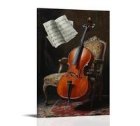 Musical Instruments Oil Painting- Still Life of A Cello Leaning Against An Ornate Chair with Sheet Music Floating in The Air Fashionable Wall Decor - Hanging Art Poster And Mural20x30inch(50x75cm)