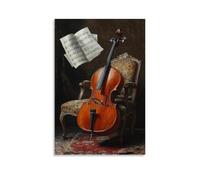 Musical Instruments Oil Painting- Still Life of A Cello Leaning Against An Ornate Chair with Sheet Music Floating in The Air Fashionable Wall Decor - Hanging Art Poster And Mural16x24inch(40x60cm)