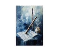 Musical Instruments Oil Painting- Still Life with Flute And Sheet Music, Soft Impressionistic Brushstrokes in Cool Blue Tones Fashionable Wall Decor - Hanging Art Poster And Mural12x18inch(30x45cm)