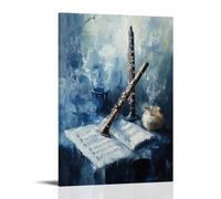 Musical Instruments Oil Painting- Still Life with Flute And Sheet Music, Soft Impressionistic Brushstrokes in Cool Blue Tones Fashionable Wall Decor - Hanging Art Poster And Mural16x24inch(40x60cm)