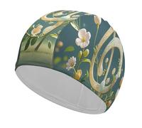 Musical Note Floral Bathing Cap High Elasticity Swimming Caps Fit Both Long Hair Short Hair Comfortable Large Shower Cap for Drag Reduction and Hair Protection