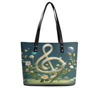 Musical Note Floral Tote Bag Large Soft Leather Purse with Zipper Lightweight Ladies Shoulder Handbag