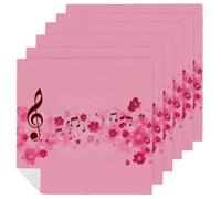 Musical Notes And Flowers in Pink Cloth Napkins Set of 6, Square Premium Reusable Washable Polyester Table Linen Napkin for Dinner Party