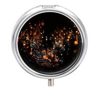 Musical Notes on Dark Background Pill Box - 3 Compartment Travel Pill Organizer with Small Mirror, Portable Pillcase for Pocket & Purse, Cute Round Medicine Case, Weekly Medicine Container