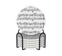 Musical Notes On The Clef,Round Ceramic Coasters, Mugs Pad, Cups Mat Set of 6 Drinks Coasters With Holder