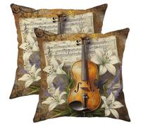 Musical Pillow Covers Set of 2, Vintage Brown Violin Floral Throw Pillow Cases, Elegant Decorative Home Sofa Couch Decor for Music Lovers 16x16 Inch