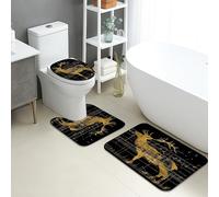Musical Stag Bathroom Mat Sets 3 Piece, Elegant Gold Deer Design Absorbent Non Slip Toilet Rugs U Shaped Washable, Autumn Inspired Quick Dry Memory Foam Bathroom Rug Set