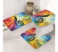 Musical Symbols And Rotating Patterns Print 3 Piece Bathroom Rugs Set, Bath Mat + Contour Mat + Toilet Seat Cover, Machine Washable Non-Slip Soft Microfiber Bathmat For Tub Shower Room Decor