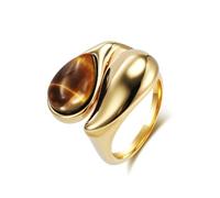 Musihy 22MM Wide Twisted Design Stainless Steel Ring for Women with Teardrop Tiger Eye, Gold, Size J 1/2